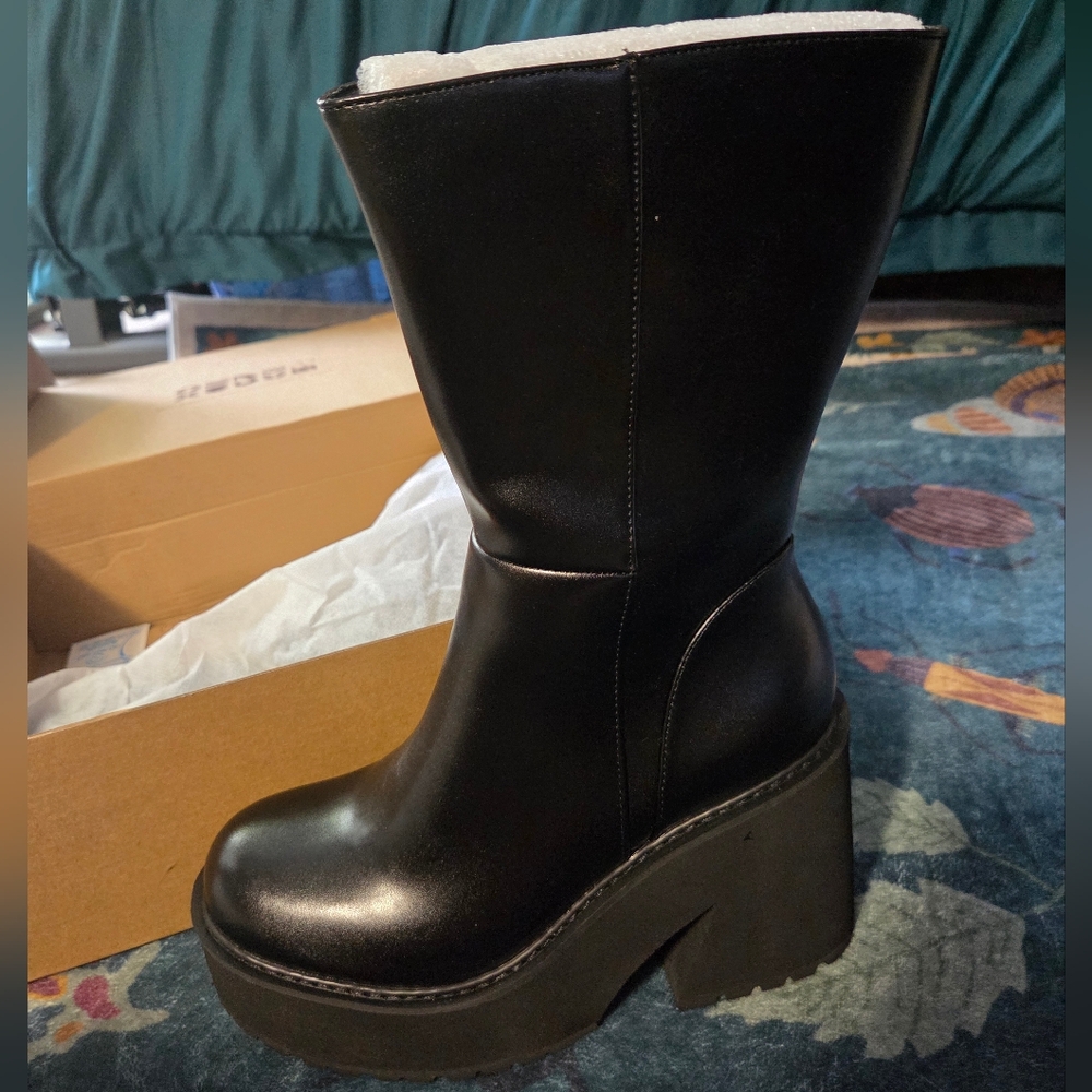Black Heeled Platform Combat Boots - Picture 2 of 6